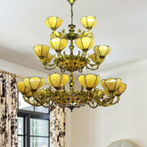 Yellow Tiffany Glass Chandelier for Villa and Hotel - 3-Tier Antique Hanging Light